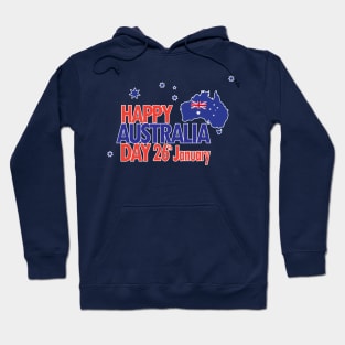 Happy Australia Day 26th January inscription poster with Calligraphy lettering, Australian Flag, Australia Map, stars and fireworks. Patriotic Holiday Hoodie